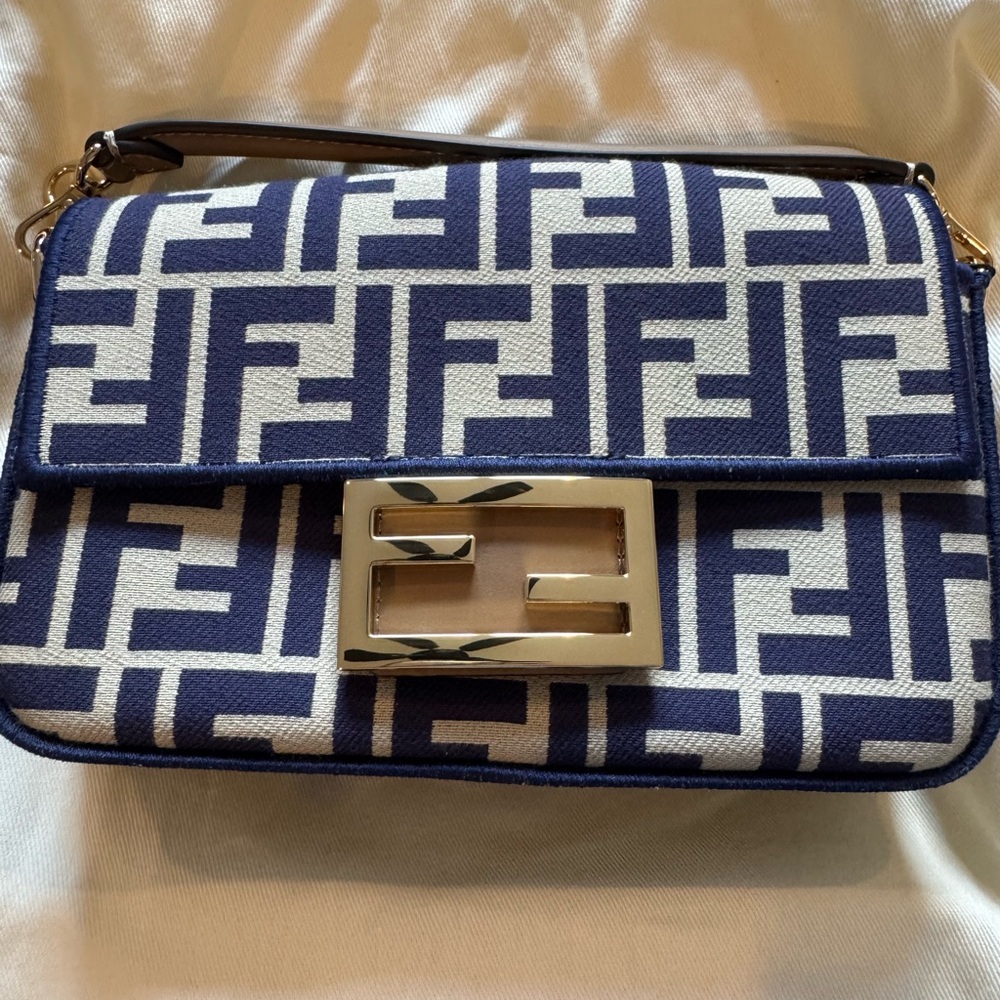 Fendi Baguette Blue and White Crossbody Bag with Iconic Monogram
